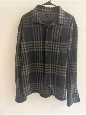 Express Olive & Black Plaid Lightweight Shirt Jacket